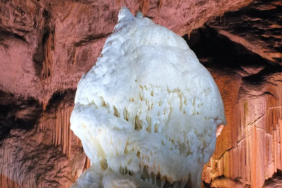 A tall white stalagmite formation in Postojna Cave
